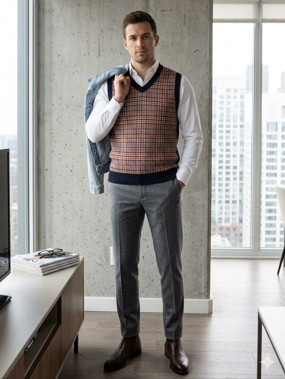 Zara Man Navy and Red Plaid Sleeveless Sweater